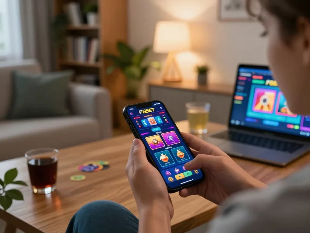 Engaging user playing on F8BET app in cozy setting, illustrating online gambling experience