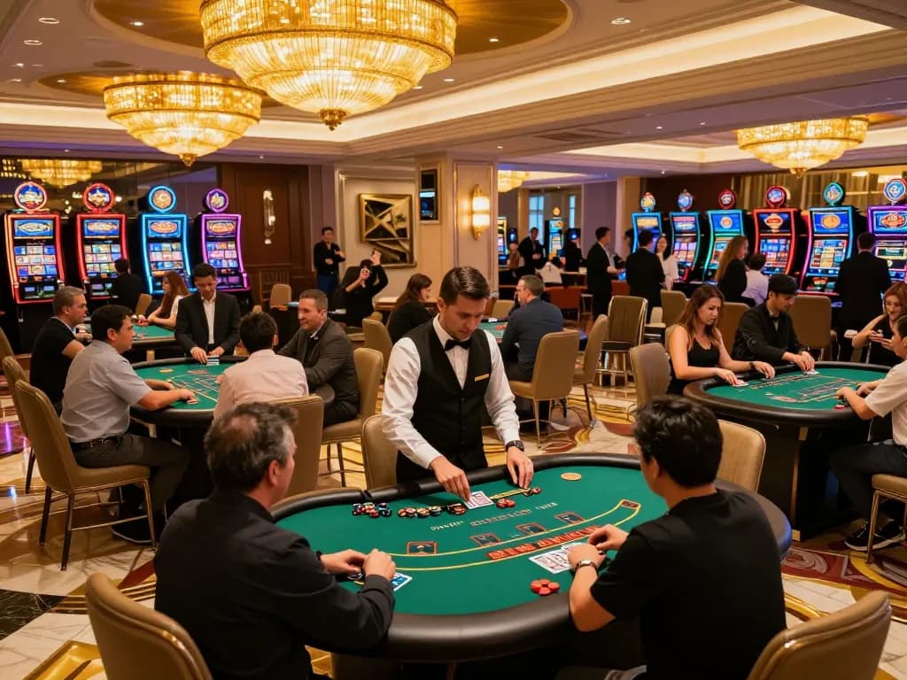 Players engaging in blackjack games at FLY88's upscale casino, showcasing vibrant energy and professionalism.