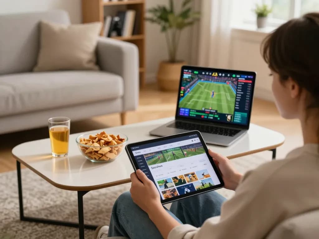 Socolive user engaging with tablet in a cozy home setup for live sports gaming.