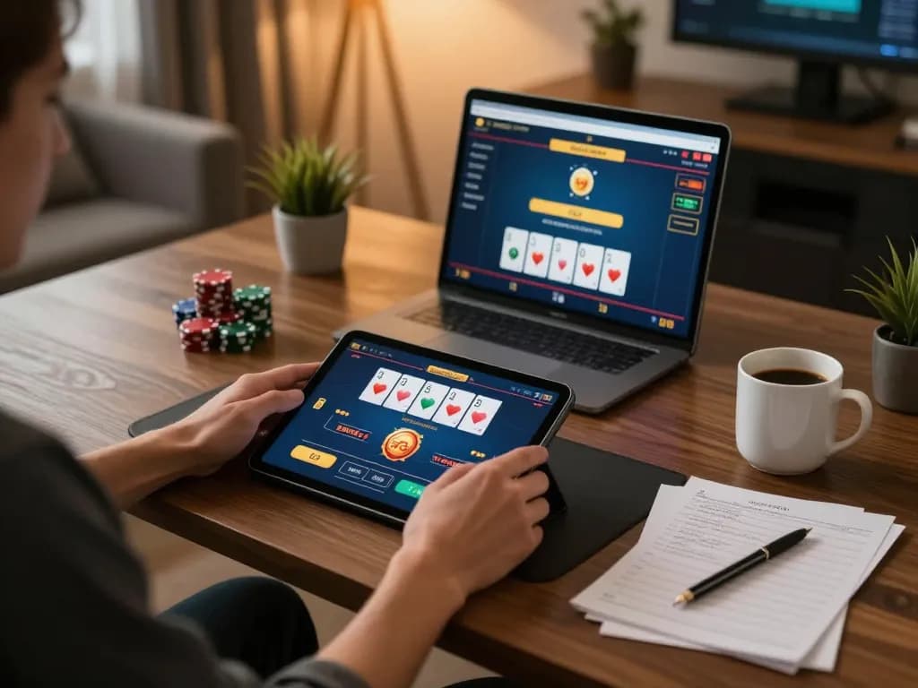 Engaging poker game on tablet at home, highlighting advanced strategies at gnk88.com.
