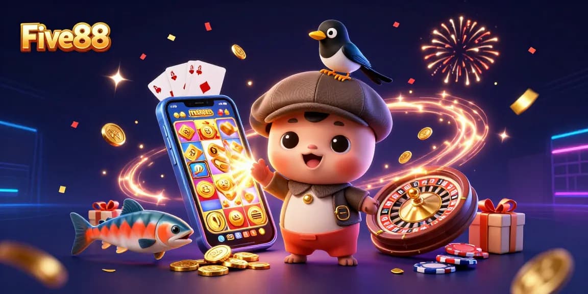 Engage with Five88's colorful slot games in this ultra-detailed illustrated scene featuring playful characters.