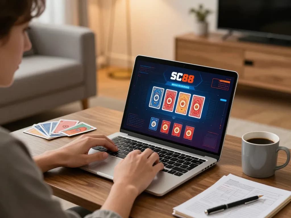 Engaging in SC88 Game on a stylish laptop in a cozy living room with betting strategy notes.
