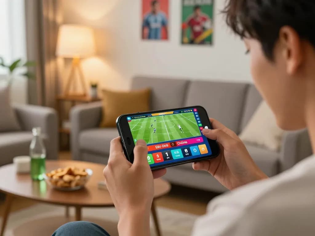 Cá Độ Bóng Đá Online betting excitement as user engages with mobile app in a cozy living room.