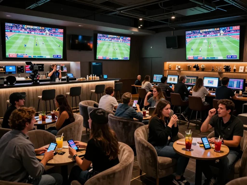 Fans engaging with bsport app while cheering for their favorite teams in a lively sports betting lounge