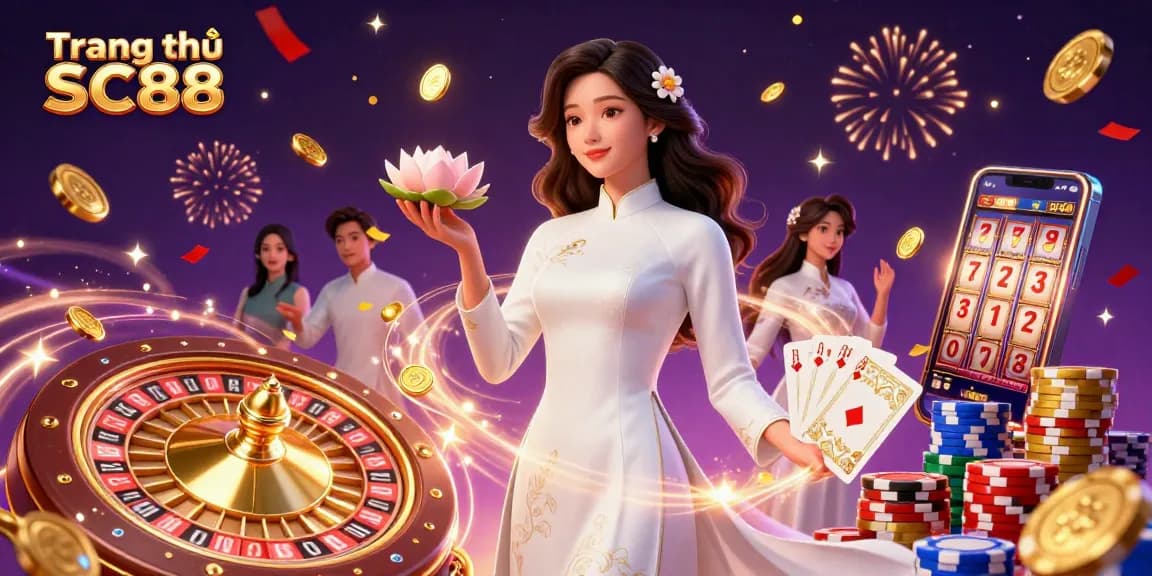 Engage with Trang chủ SC88 through an enchanting illustration of an elegant woman in traditional attire presenting casino gaming elements.
