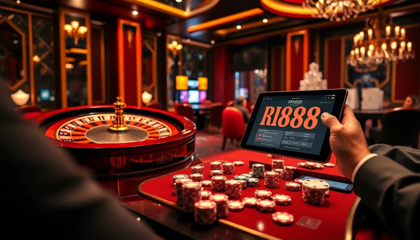 Experience the excitement of RR88 with poker chips and a live dealer in a luxurious casino setting.