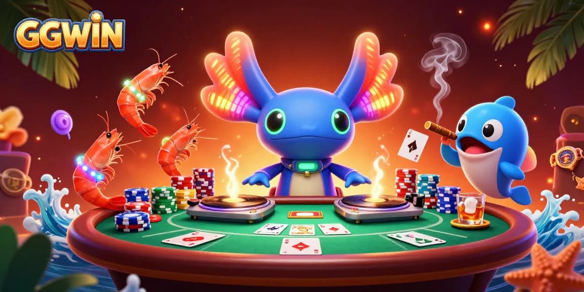 Spin to win at GGWIN with a vibrant casino scene featuring a DJ axolotl and poker elements.