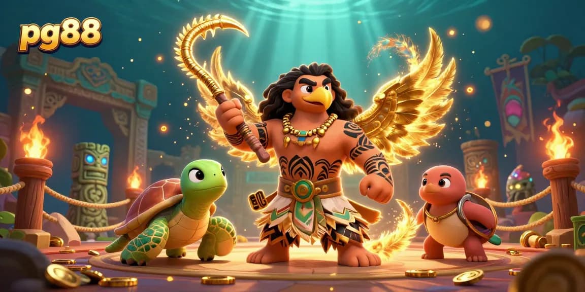 Experience the excitement of pg88 with a dynamic 3D illustration featuring a demigod hawk and turtle in an engaging gambling arena.