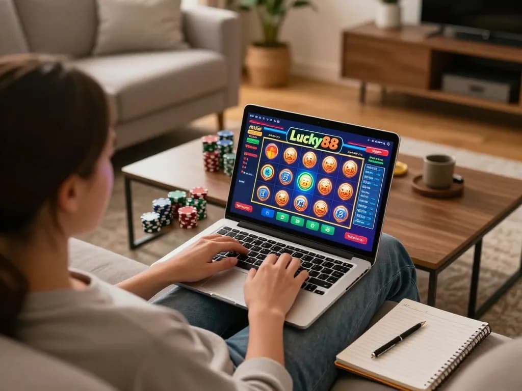 Engaged player using laptop for Lucky88 online slot gaming strategy at home