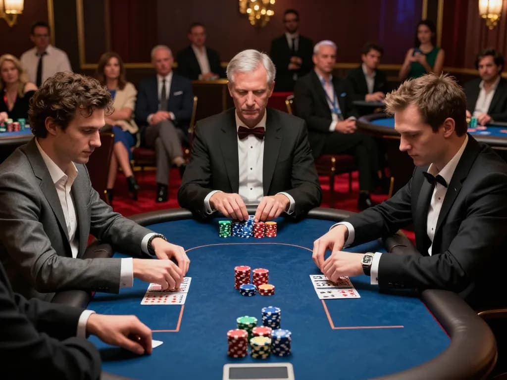 MM88 poker players strategize over vibrant chip stacks in luxurious casino setting