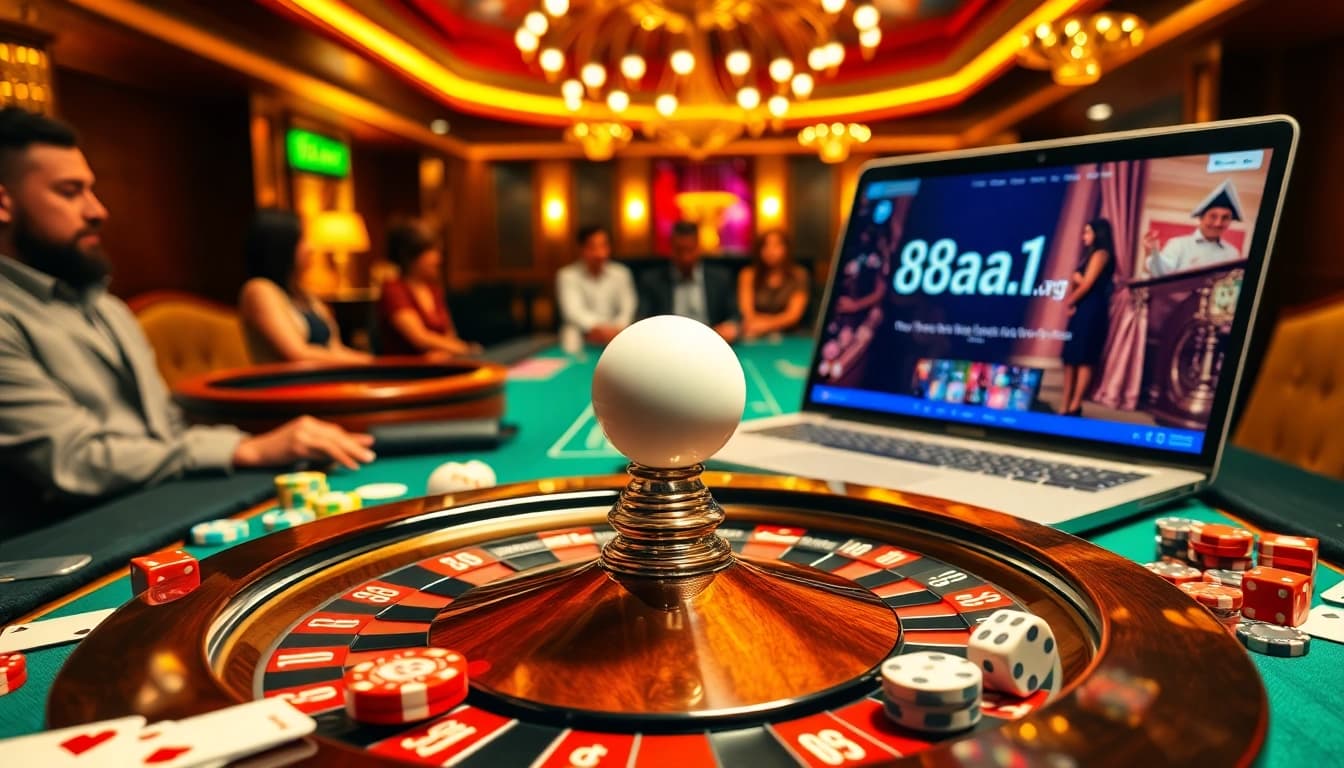 Experience the thrill of gambling at 88aa1.org with vibrant casino scenes featuring poker and roulette.