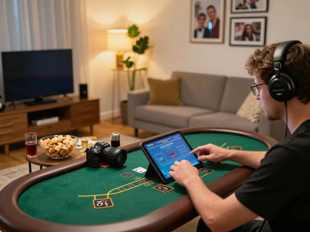 Player enjoying a live blackjack game on abc8go tablet in a cozy gaming space with snacks