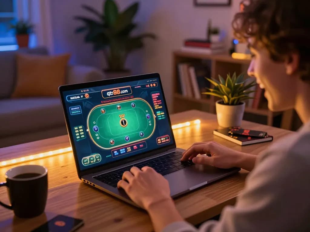 Excited player engaging with qtr88.com poker interface during a cozy home gaming session.