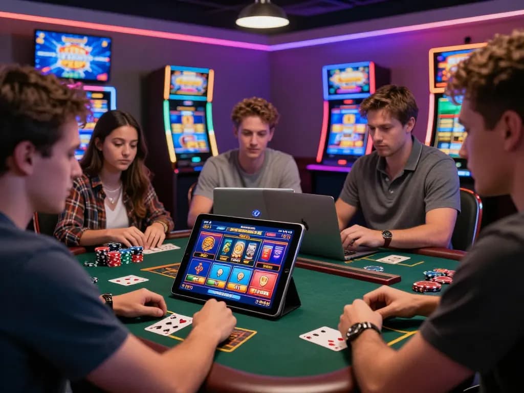 Players engaging with TK88 online gambling platform, highlighting excitement and vibrant game displays.