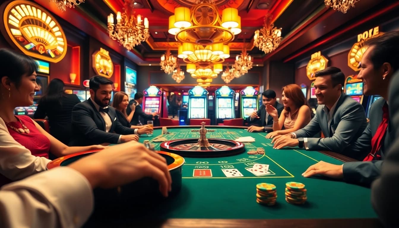 Players enjoy an exhilarating poker game at a luxurious casino table, showcasing chotruyen excitement.