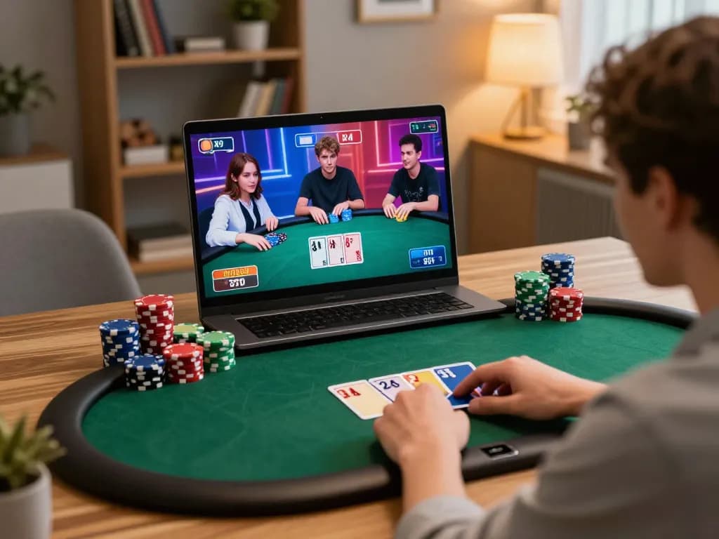 Engaging online poker strategy session on fabet88z with focused gamer at cozy home office