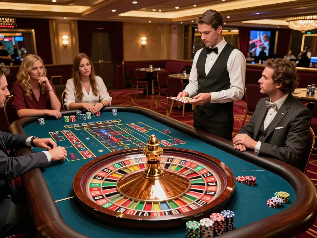vin88 players eagerly betting on a colorful roulette table in an elegant casino setting
