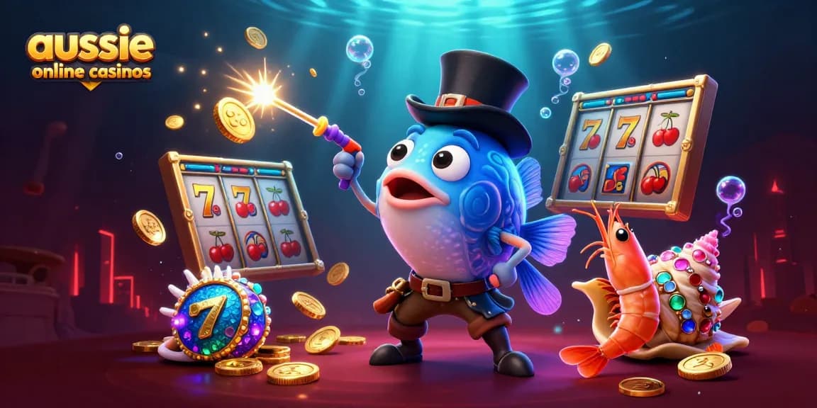 A vibrant scene of aussie online casinos with an anglerfish attracting golden coins amid slot reels, creating excitement.