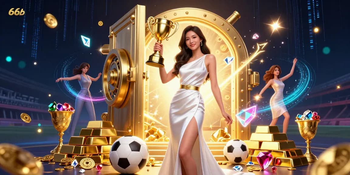 Experience thrilling sports betting with 66b in a vibrant illustration featuring a confident Asian woman holding a trophy, surrounded by golden treasures.