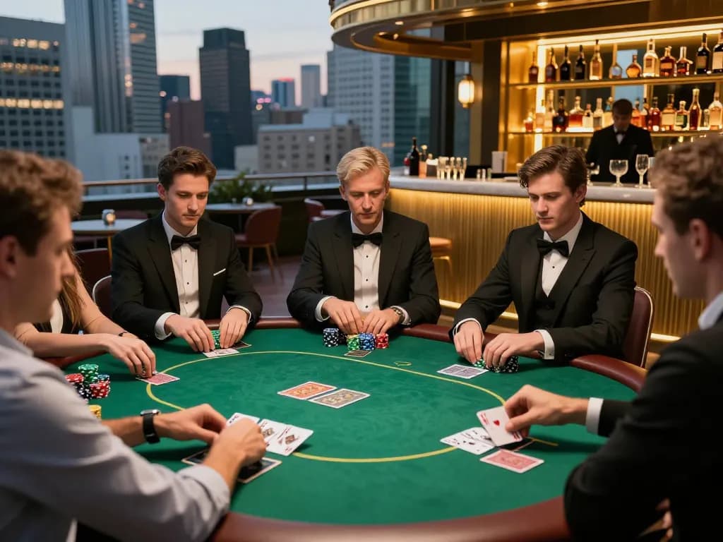 Go8 players strategizing at a high-stakes poker game overlooking the city skyline