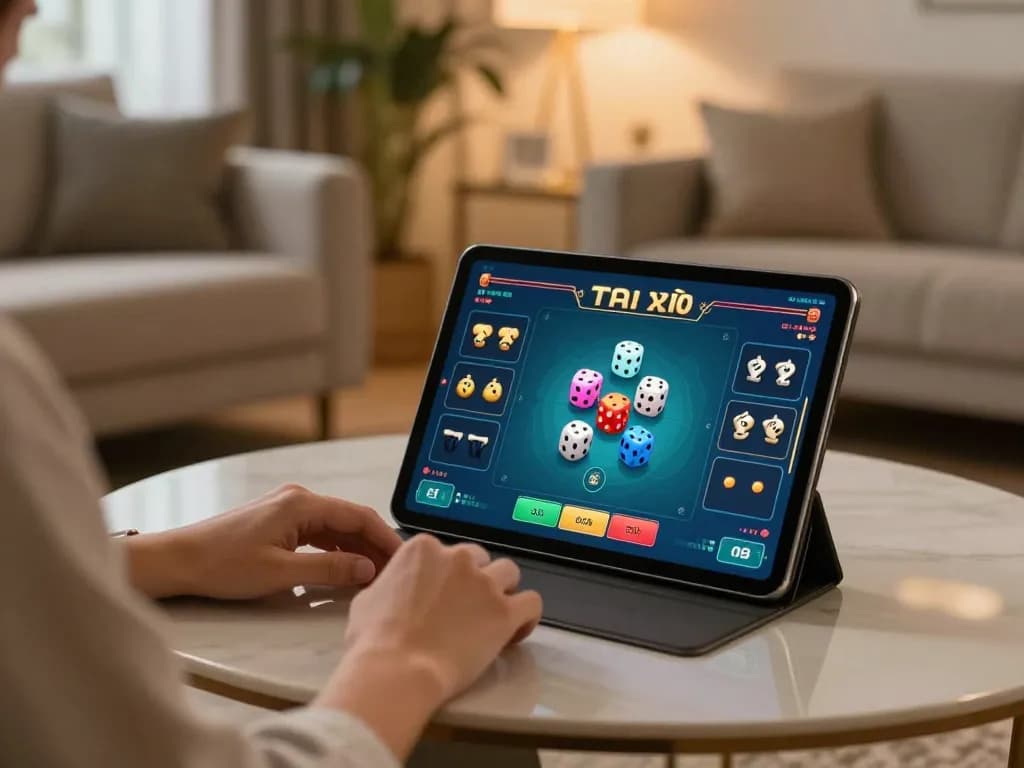Tài xỉu online gaming in a cozy home setting with tablet showing game interface and warm lighting