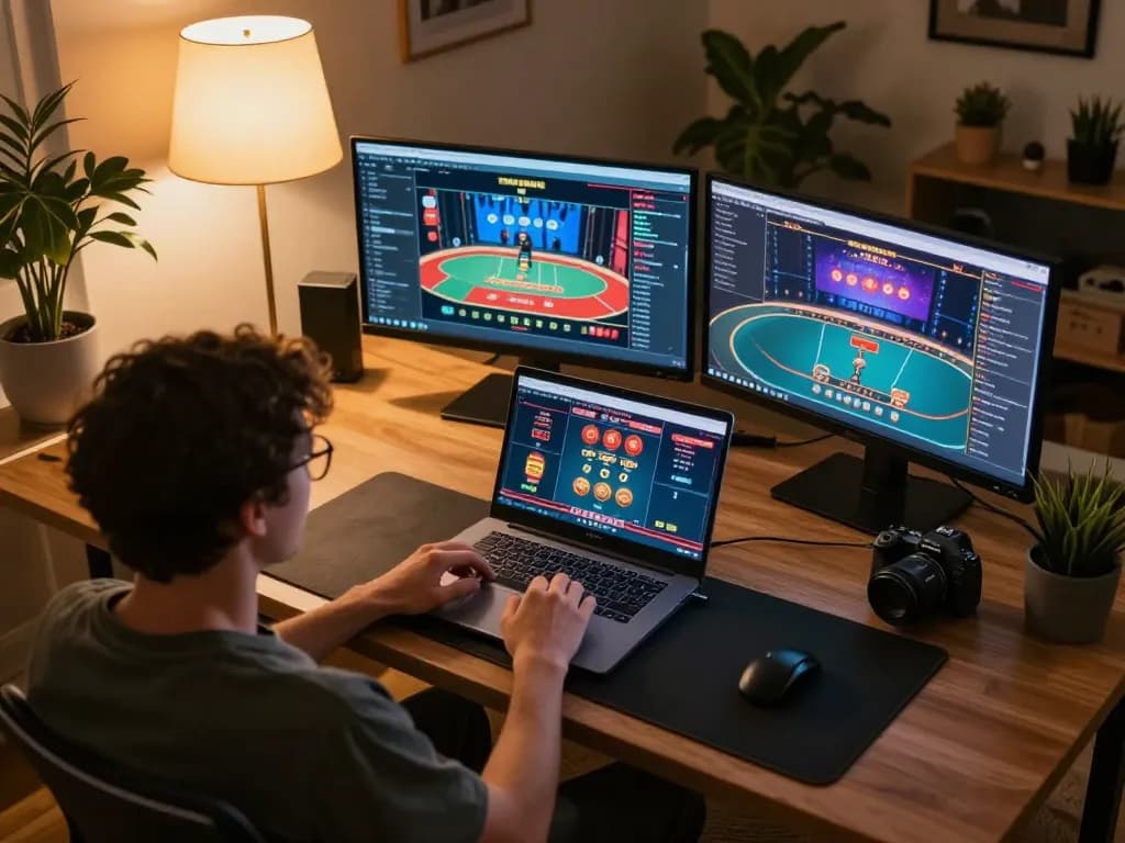Engaged player using laptop for hz88 online gaming with a cozy home setup
