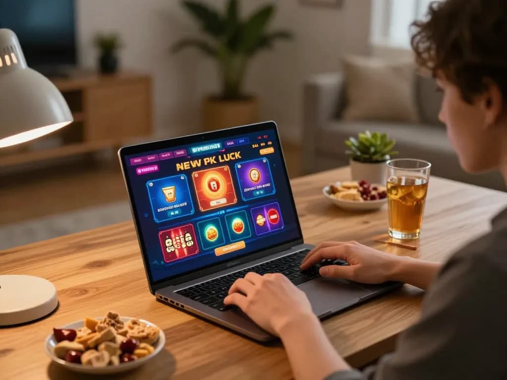 Engaged player exploring new pk luck games on a cozy home laptop setup, vibrant graphics enhance the gaming experience
