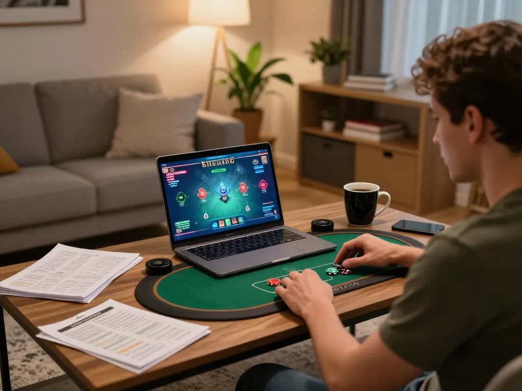 Go88 player engaging in online poker game at home, showcasing strategic environment and cozy setup.