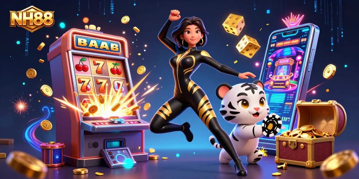 Experience winning moments at NH88 with a stunning acrobatic character amidst vibrant casino elements.