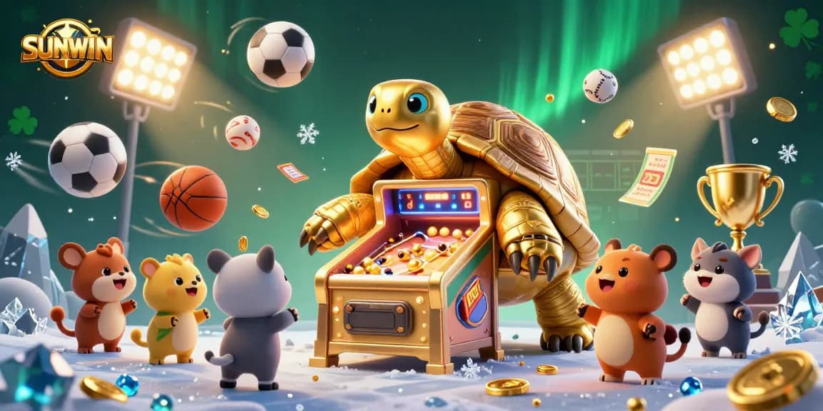 SUNWIN players engaging with a thrilling casino game featuring a colossal golden tortoise as a pinball machine amidst exciting gaming elements.