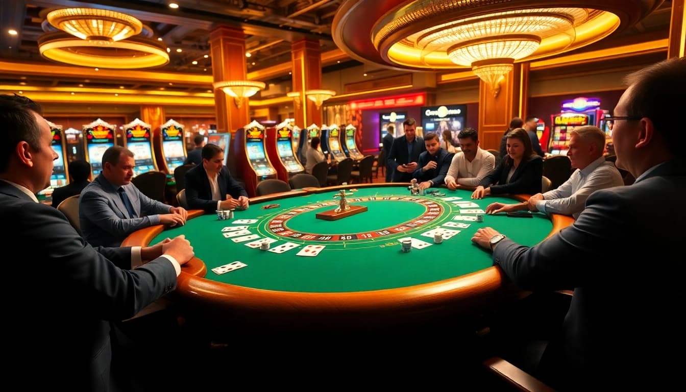 Exciting casino atmosphere with blackjack and roulette, highlighting 98win com gaming experience.
