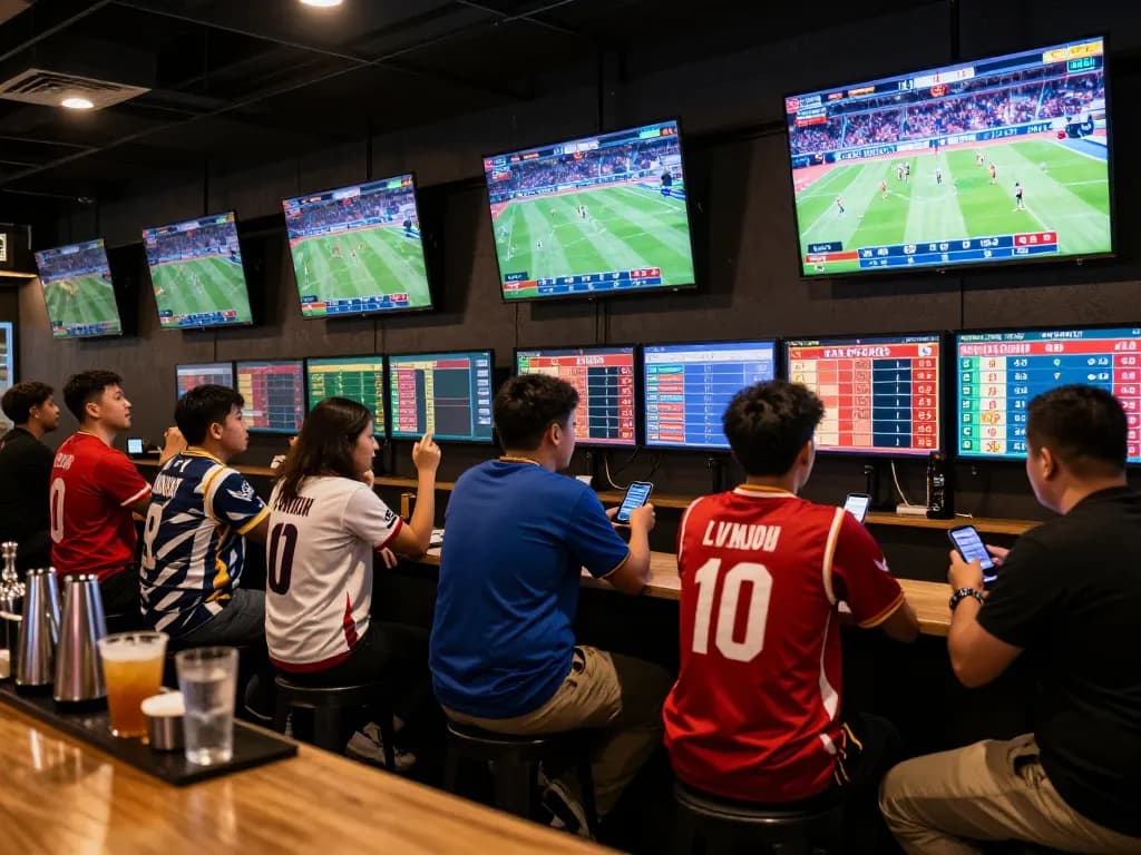 Capturing the excitement of sports betting with patrons analyzing tỷ lệ kèo trực tuyến in a bustling bar.