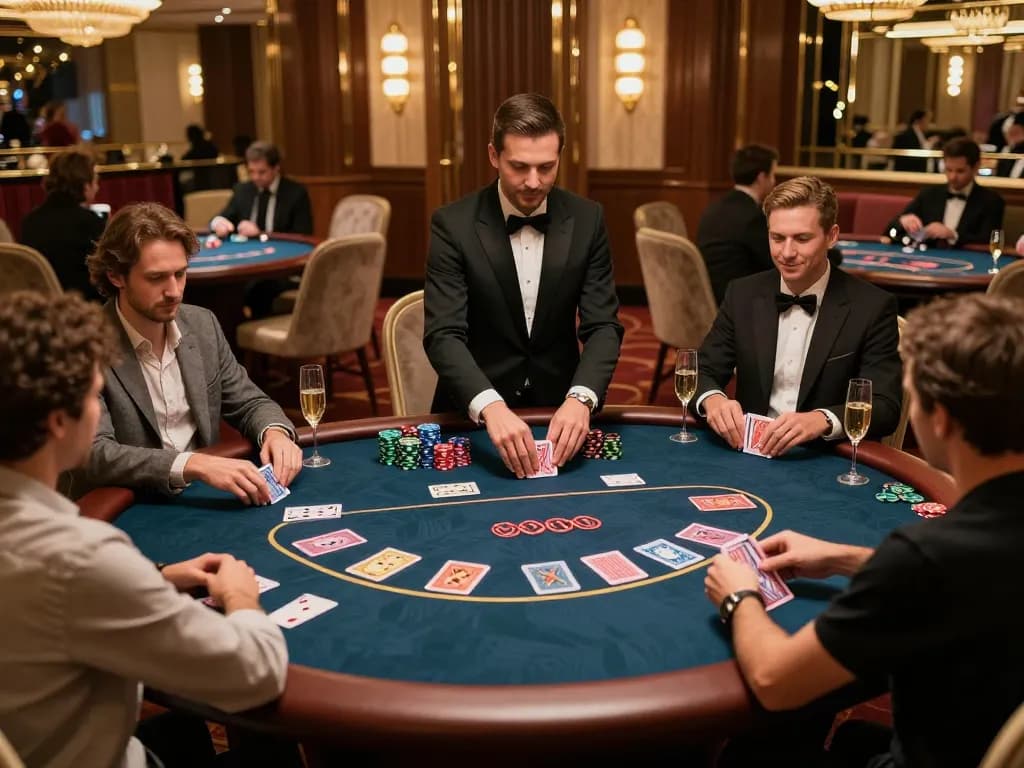 79 king players reshuffle cards in an elegant VIP poker scene, capturing luxury and strategy.