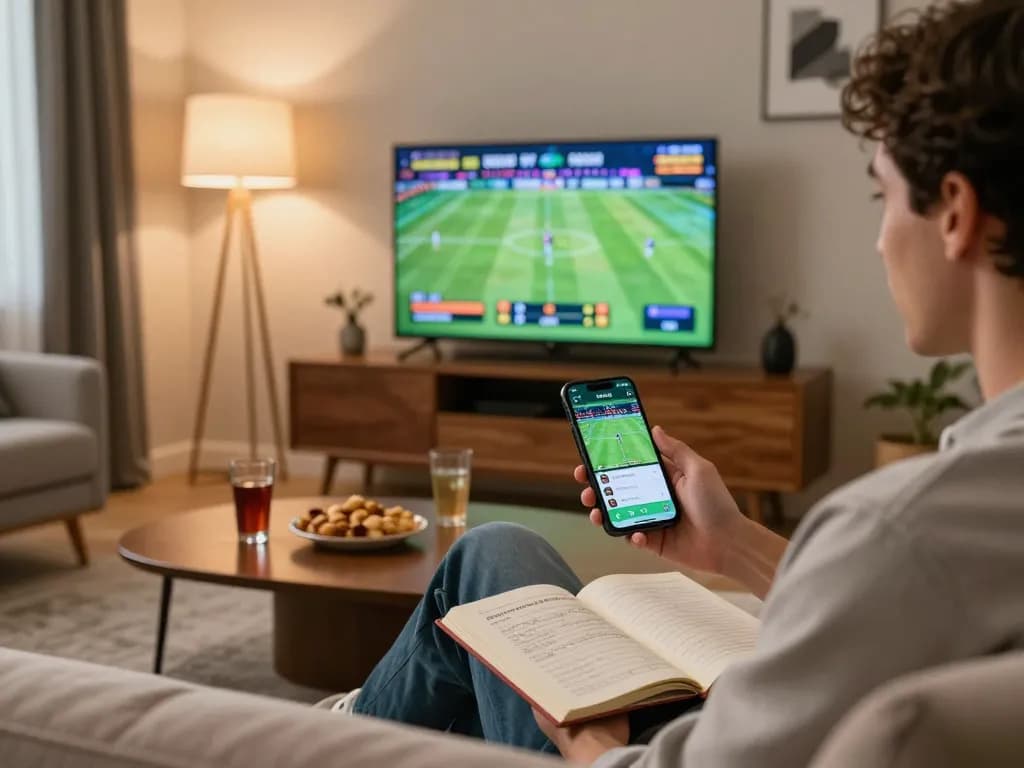 Kèo nhà cái hôm nay with player analyzing live sports odds on smartphone during betting session.