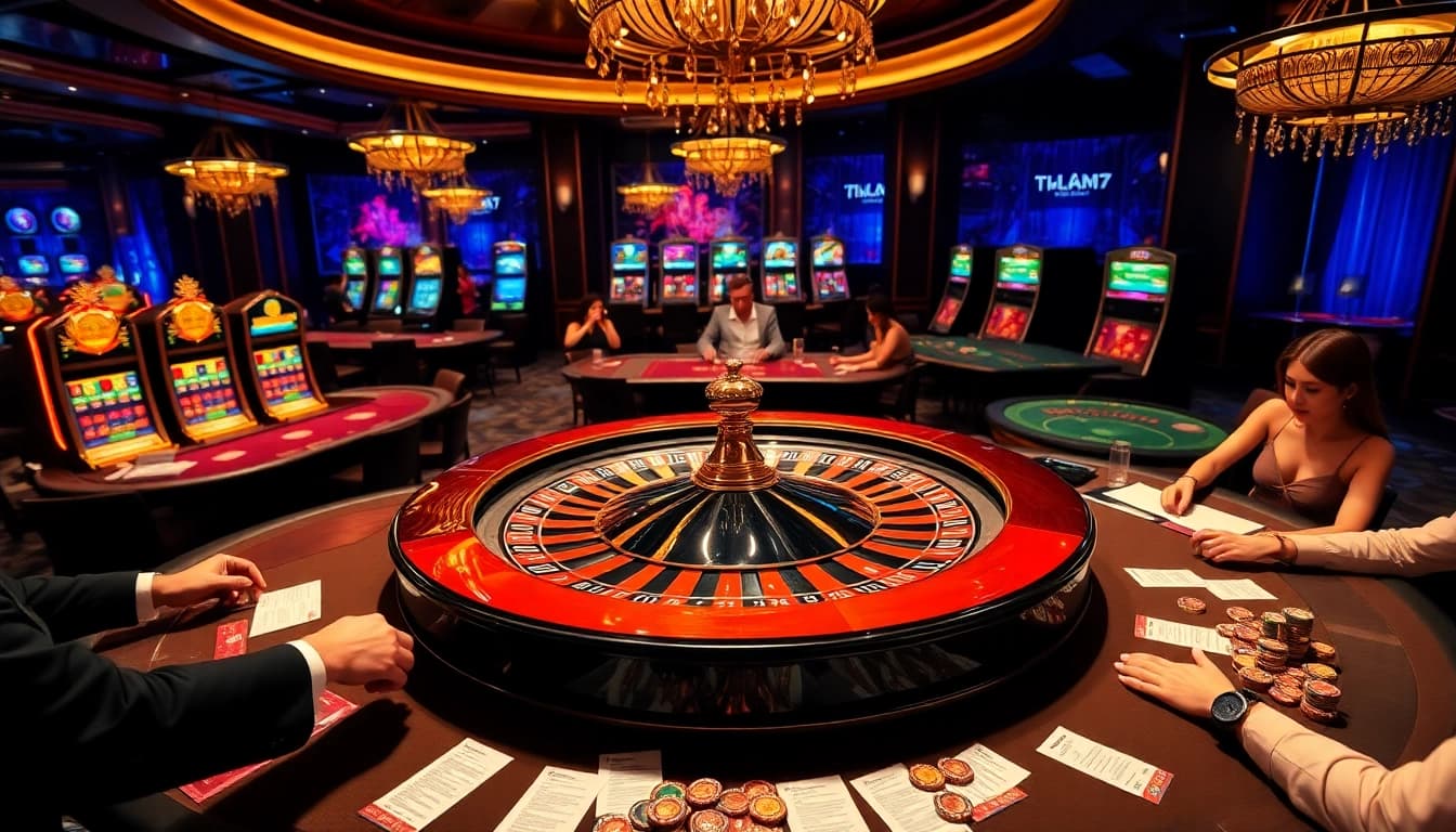 Experience the thrill of gambling at tylenhacai7.com with players engaged at poker tables and an elegant roulette wheel.