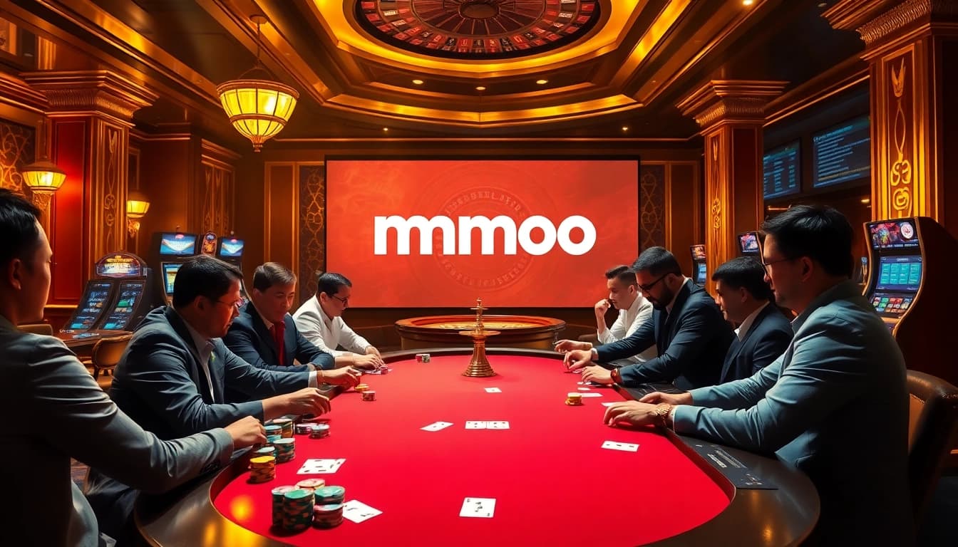 Engaged players enjoying poker at a luxury casino scene with mmoo branding, chips, and roulette.