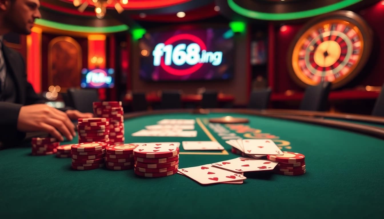 Experience the thrill of f168.ing with a vibrant casino scene showcasing a blackjack table.