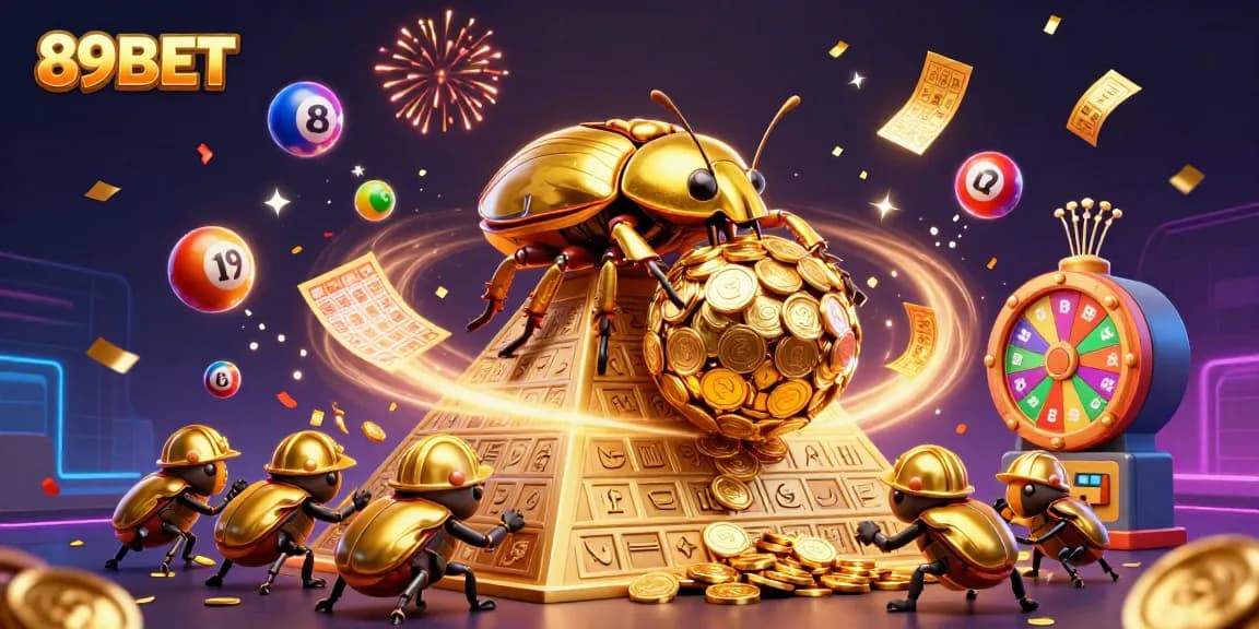 Win big with 89BET as golden beetles roll coins amidst lively gaming elements