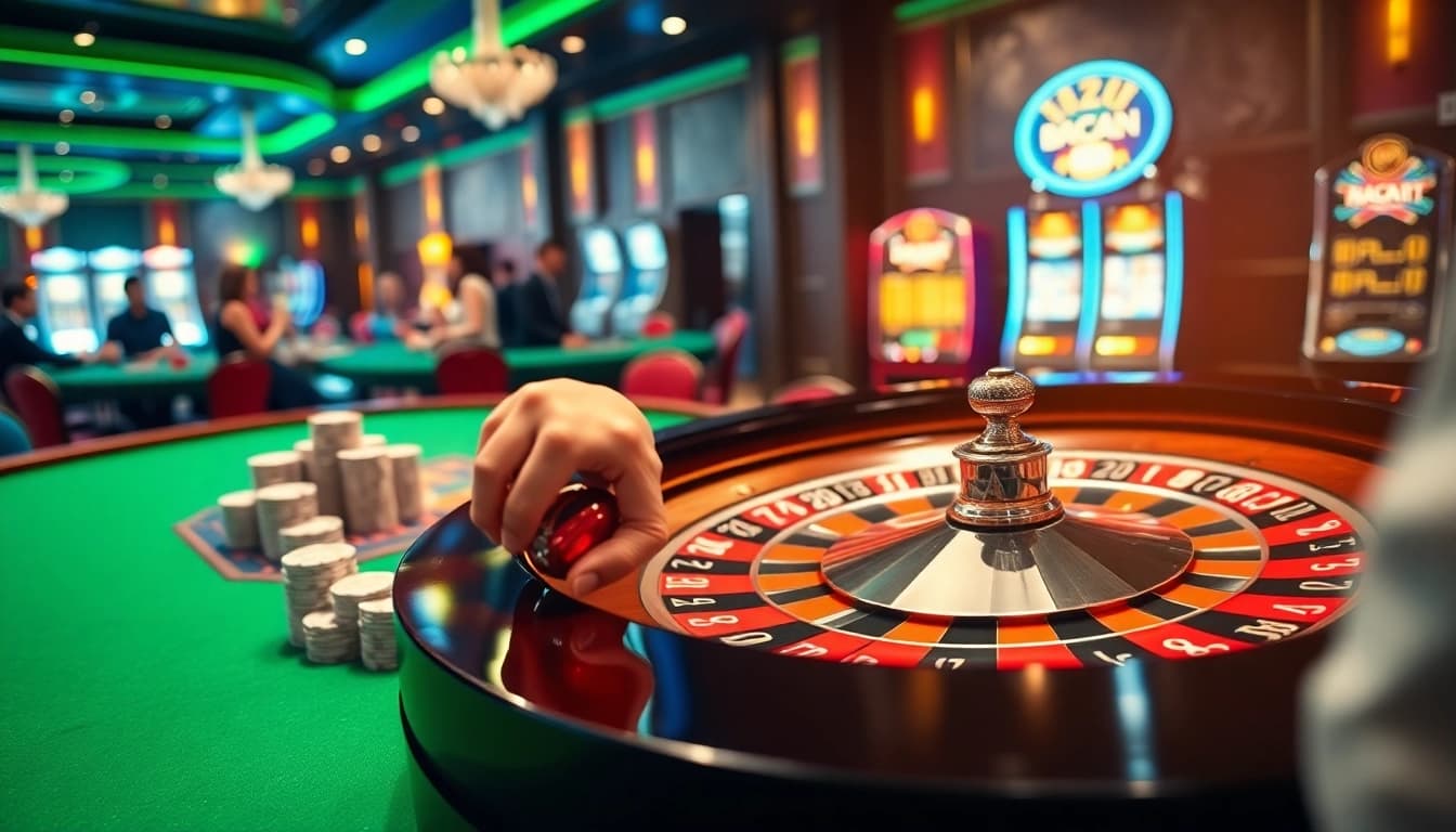 Exciting gambling scene showcasing Haywin casino atmosphere with players, cards, and roulette.