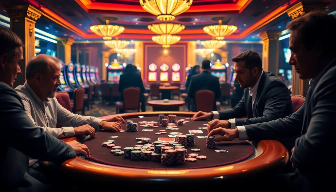 Players engaged in an intense poker game at JBO casino, filled with colorful chips and dramatic lighting.