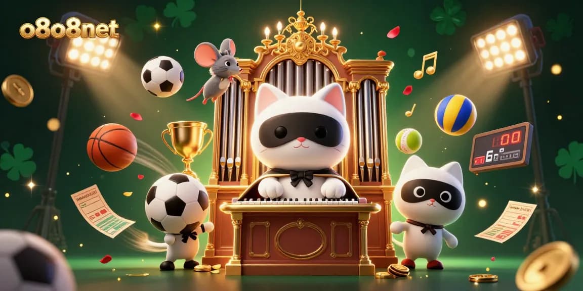 Experience exciting gaming at o8o8net with a whimsical 3D casino scene featuring sports elements and a vibrant atmosphere.