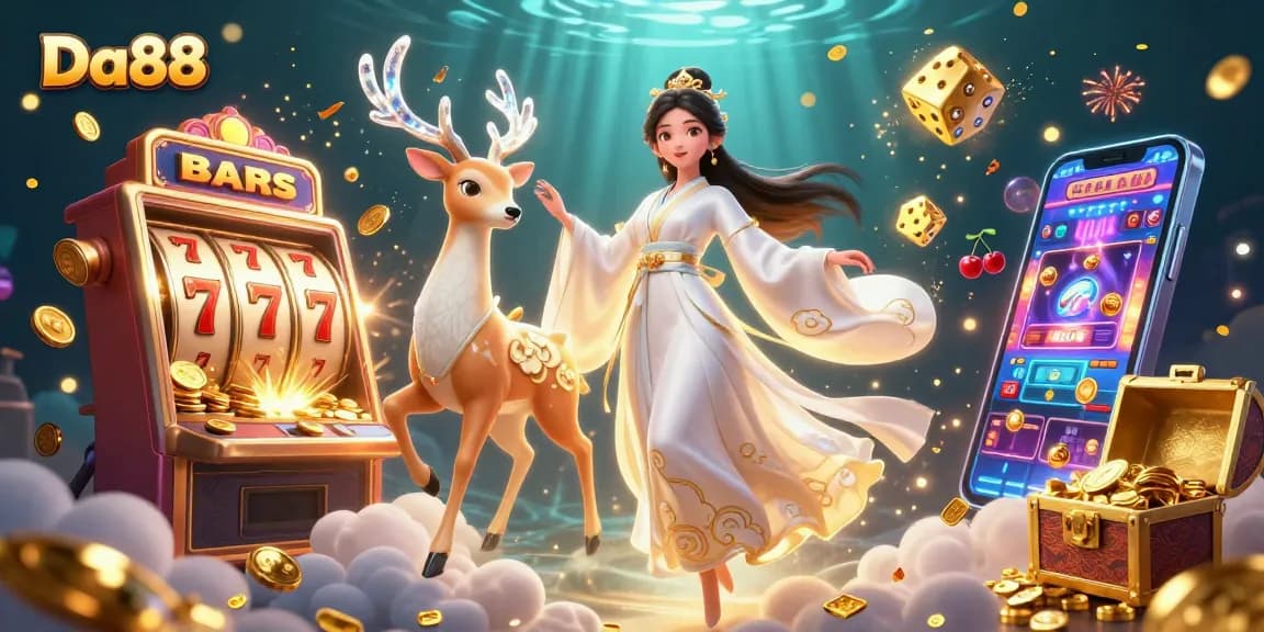 Experience exciting jackpots at Da88 casino with stunning slot machines and vibrant characters.