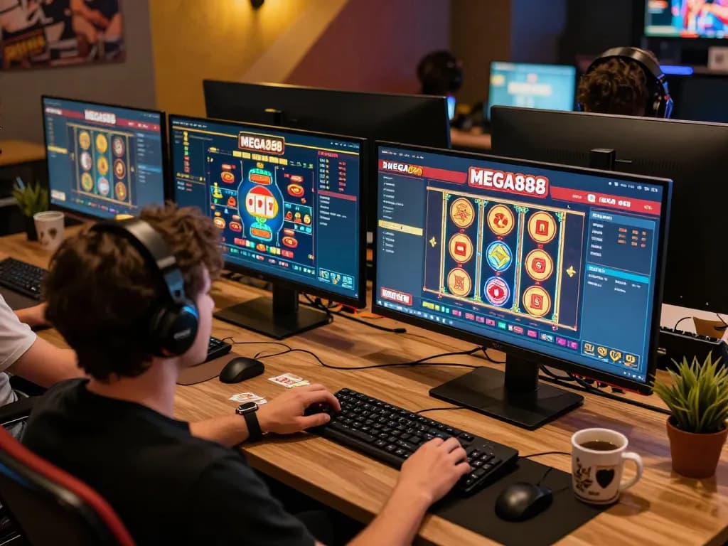 Person engaging with MEGA888 app on multiple screens in a cozy home gaming setup