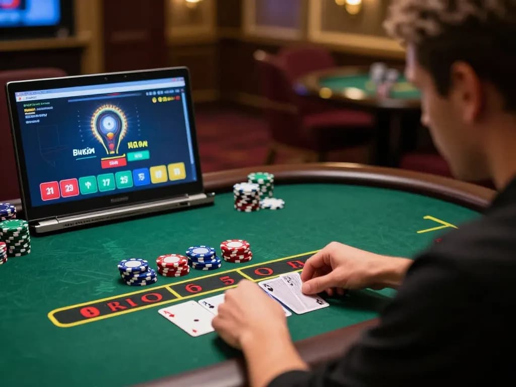 Engaging player enjoying fly 88 online blackjack, colorful chips visible, sophisticated gaming atmosphere