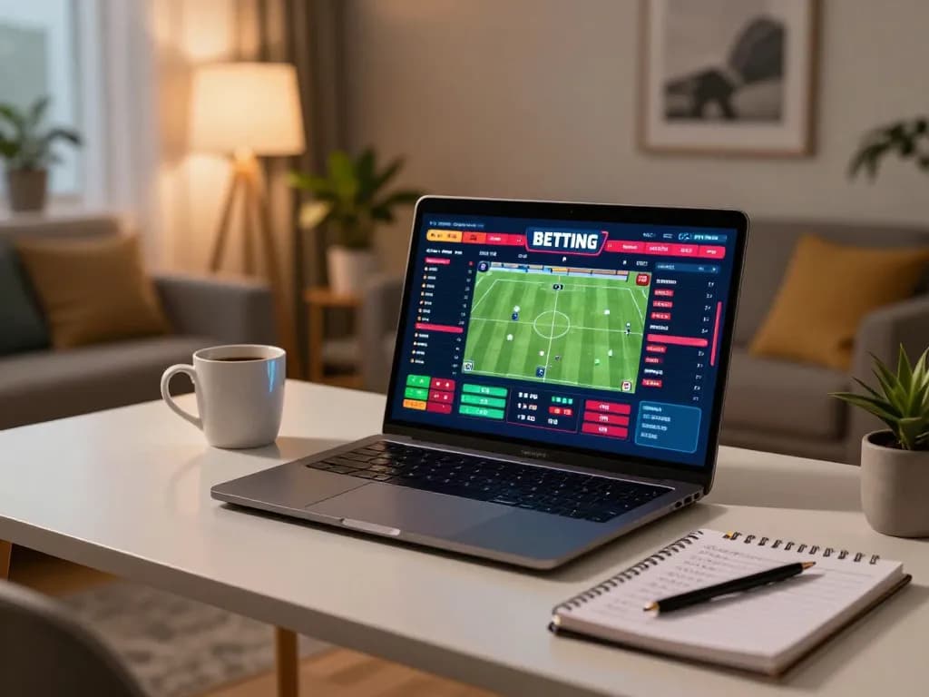 Engaging in kèo nhà cái 5 with live betting interface on laptop at home, showcasing strategic betting atmosphere.