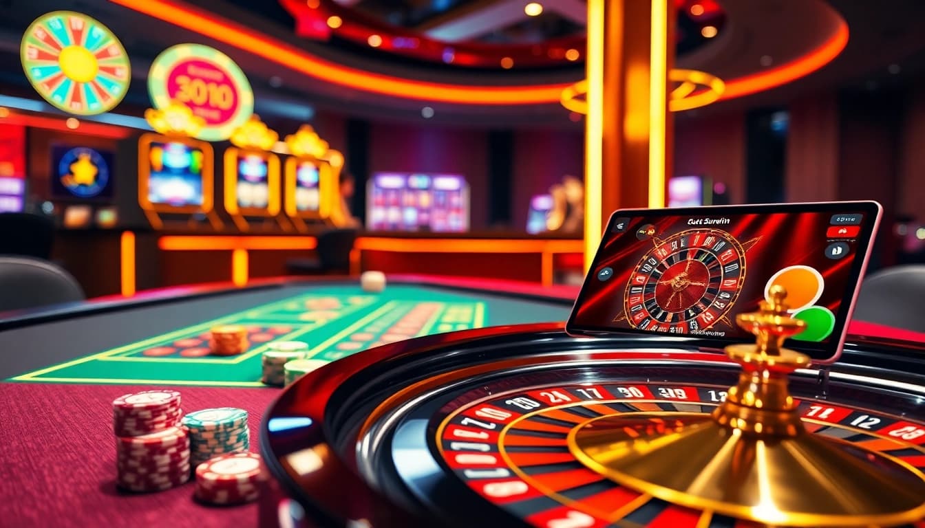Engaging scene of online gambling with Rút tiền Sunwin interface on laptop, vibrant casino elements.