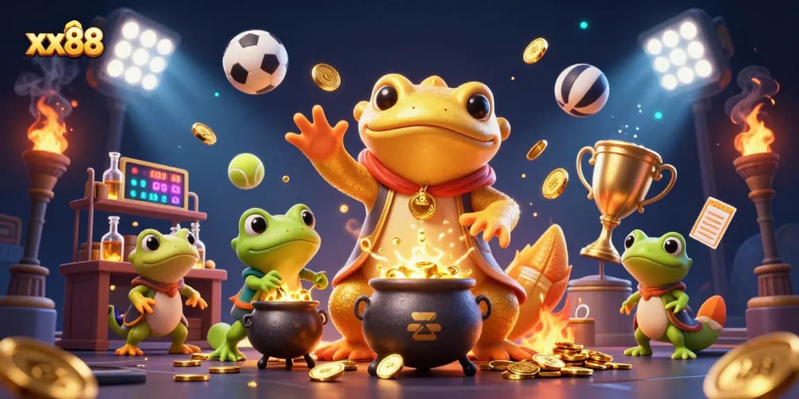 Experience the exhilarating gaming atmosphere at xx88 with an alchemist creating gold under dynamic sports elements.