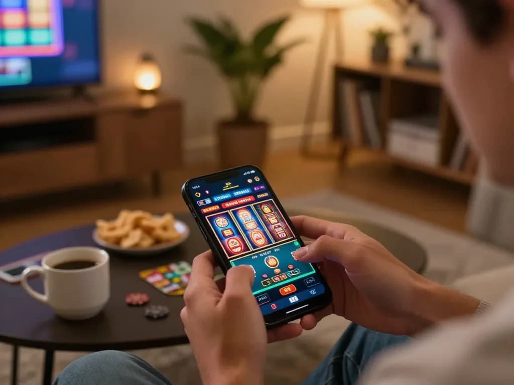 Engaging with the online casino app at https://mm88.se.net/ with snacks and warm lighting in a cozy setup.