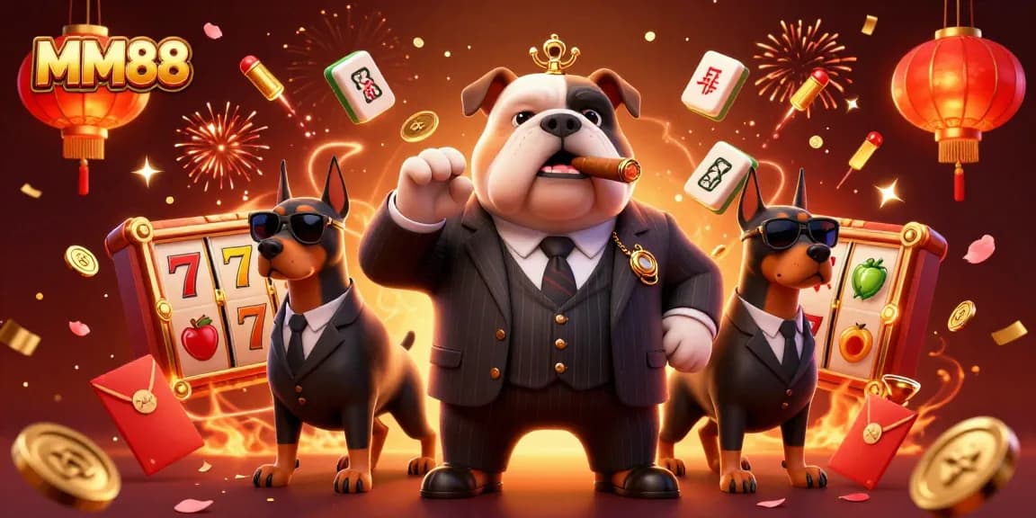 Engage in thrilling slots action at MM88 with a vivid scene of a mafia boss bulldog overseeing the casino