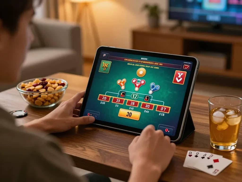 Player engages in kèo nhà cái online blackjack game using tablet, showcasing strategic gambling at home.